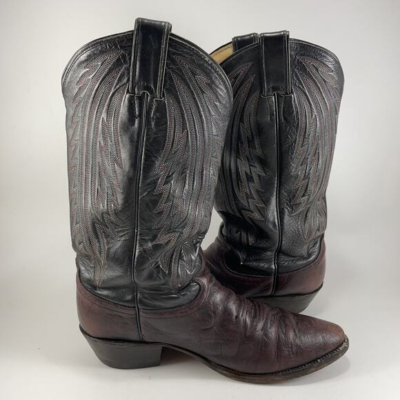 Justin Cowboy Boots Mens Size 9D Two Tone Burgundy Black Leather Almond Toe 1509 - Picture 10 of 10